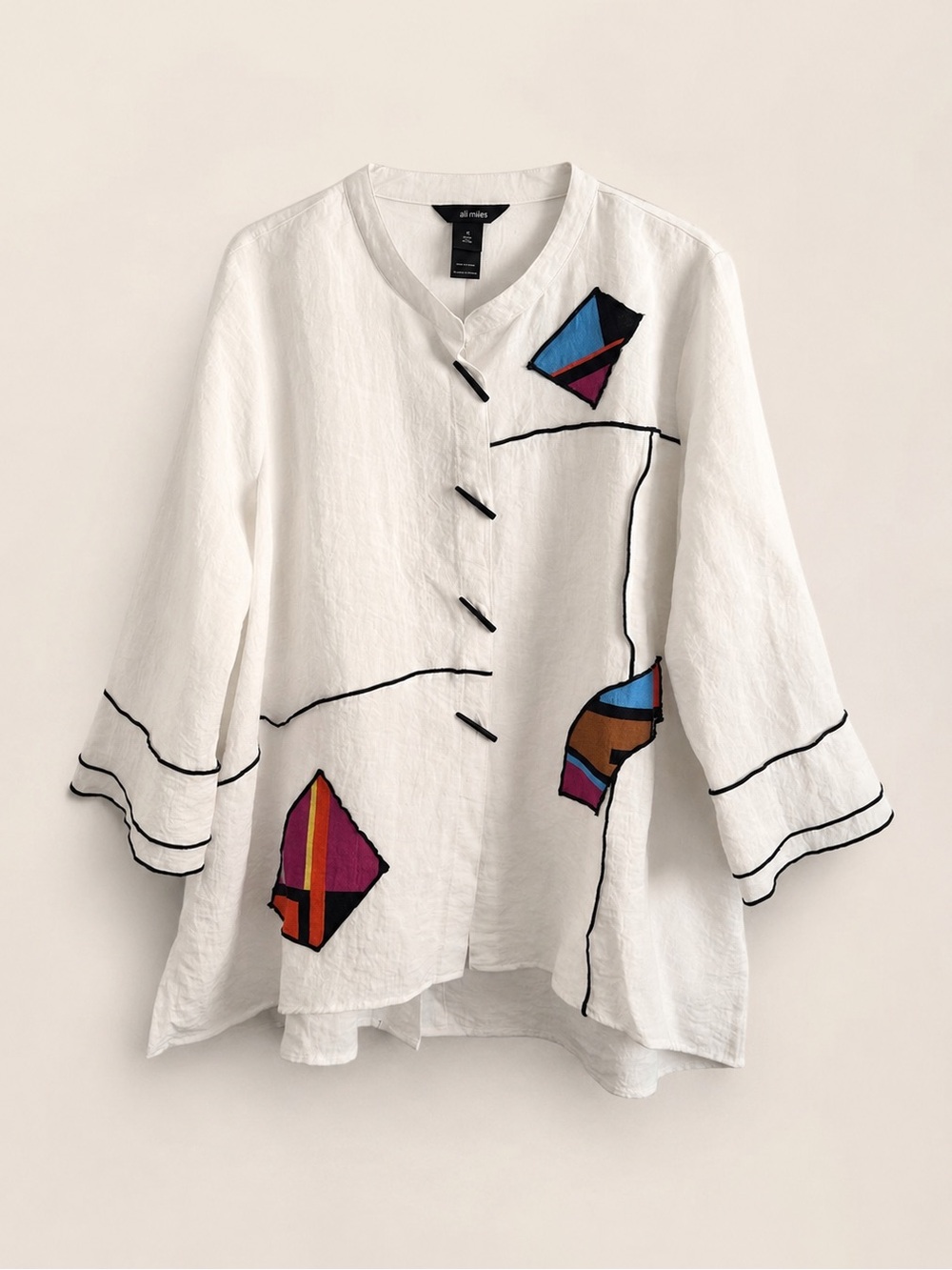Ali Miles Artistic Tunic Top 1X White Abstract Patch Oversized Boho Chic - Picture 2 of 3